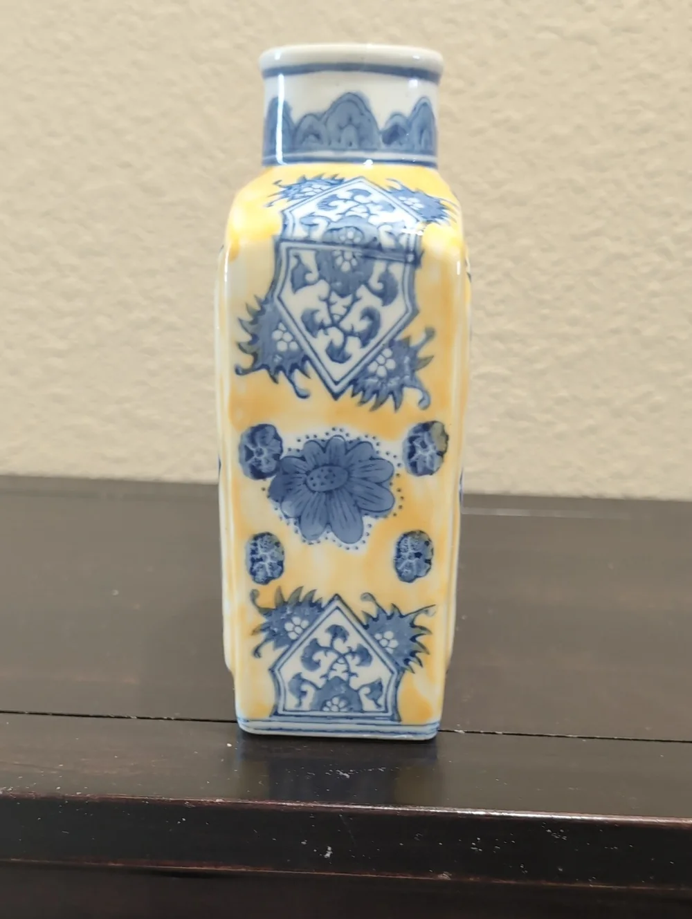 Vintage Chinoiserie Blue White Yellow Porcelain Flask Vase